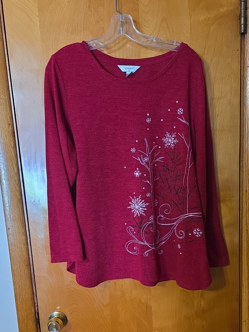 Cj Banks Burgundy Long-Sleeve Floral & Snowflake Print Top
